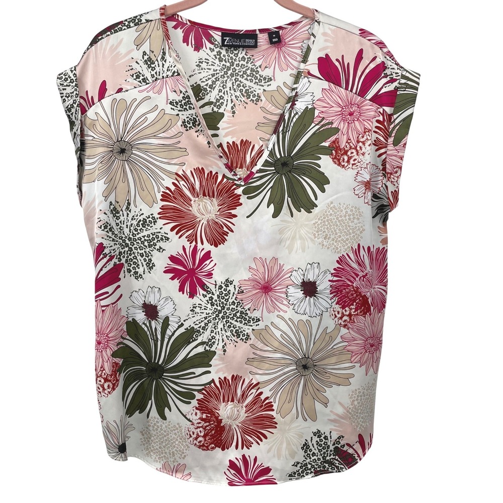 7th Avenue New York & Company Floral Cap Sleeve V-Neck Blouse Pink‎ Green Medium